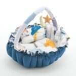 Baby Nest with Soft Toys and Mosquito Net – Comfortable Infant Sleeping Bed blue white color Mix and Max